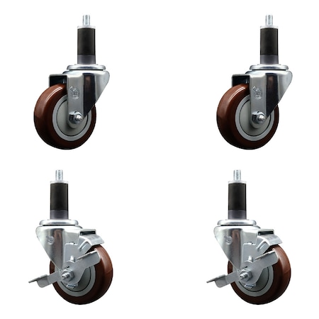 Service Caster 3.5'' SS Maroon Poly Wheel Swivel 1-1/4'' Expanding Stem Caster Set 2 Brakes, 4PK SCC-SSEX20S3514-PPUB-MRN-2-TLB-2-114
